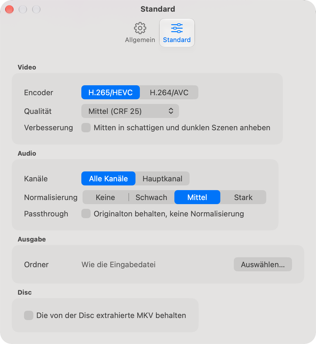 Der Tab „Standard“ mit seinen Gruppen Video, Audio, Ausgabe und Disc