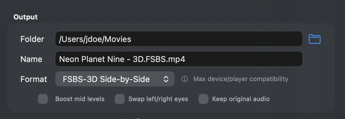 The Output section with Folder, Name, Format, and the three checkboxes