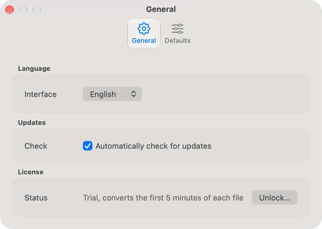 The General tab with its Language, Updates, and License groups