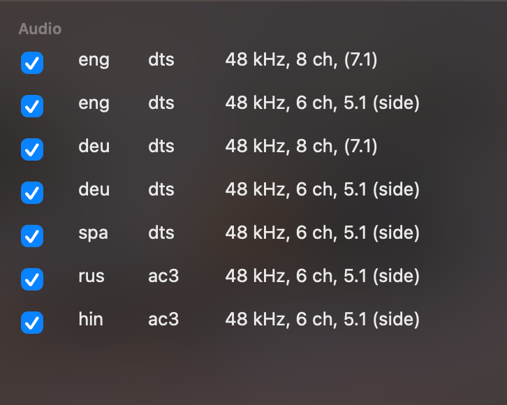 La lista Audio con una casilla junto a cada pista