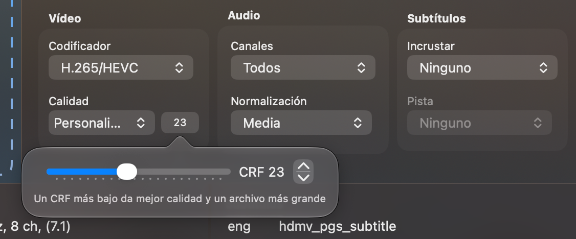 El panel de CRF personalizado con el control deslizante en 21