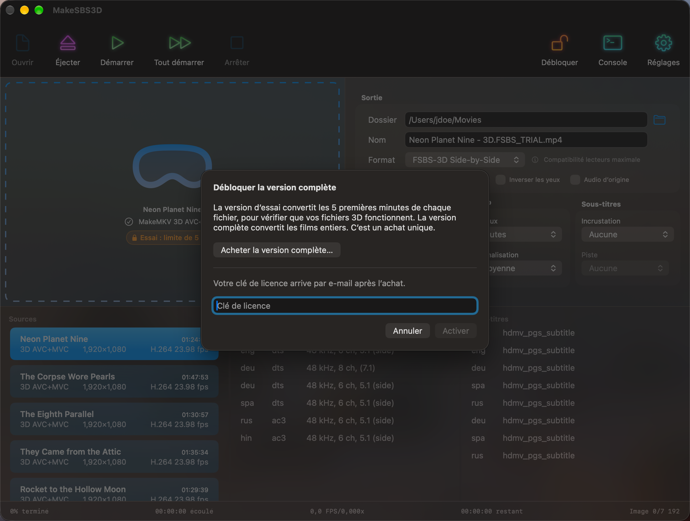 La fenêtre en version d’essai, avec le bouton Débloquer dans la barre d’outils