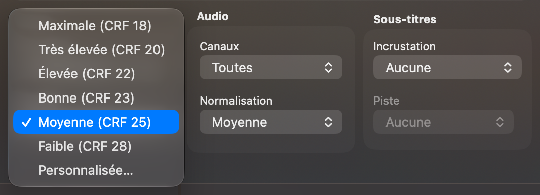 Le menu Qualité avec ses préréglages de Maximale à Faible et Personnalisée…