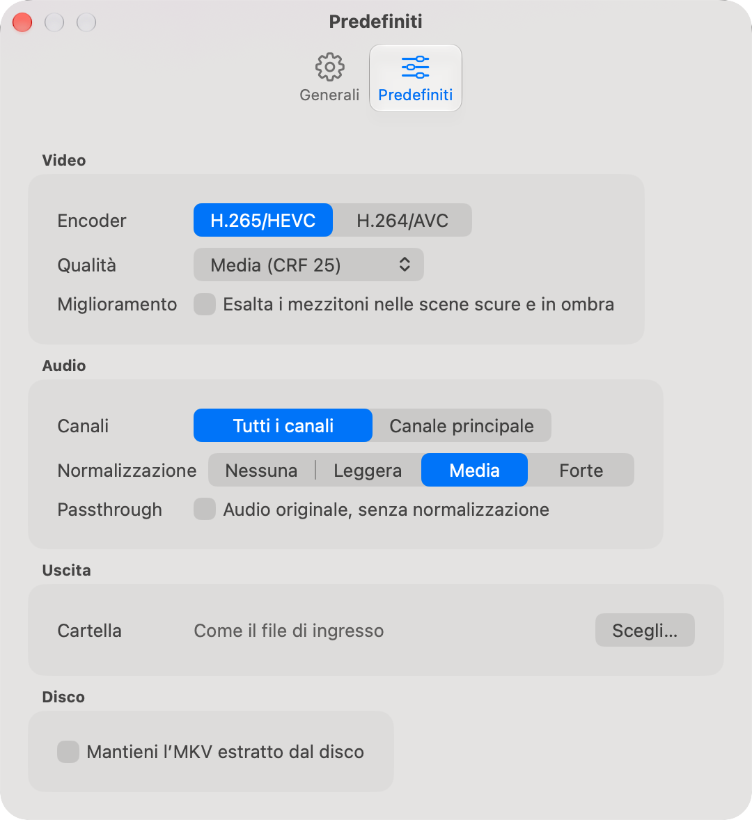 La scheda Predefiniti con i gruppi Video, Audio, Uscita e Disco