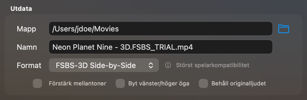 Avsnittet Utdata med Mapp, Namn, Format och de tre kryssrutorna