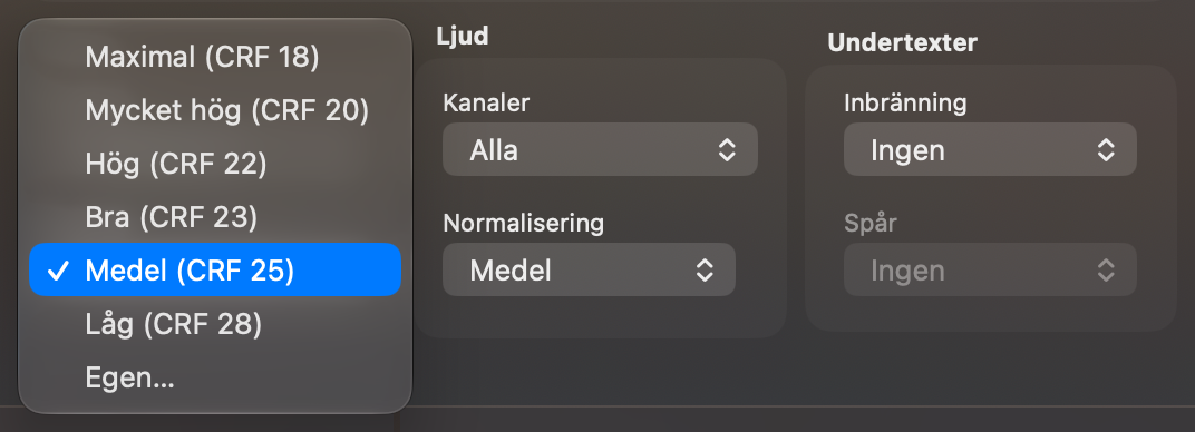 Menyn Kvalitet med förvalen från Maximal till Låg och Egen…